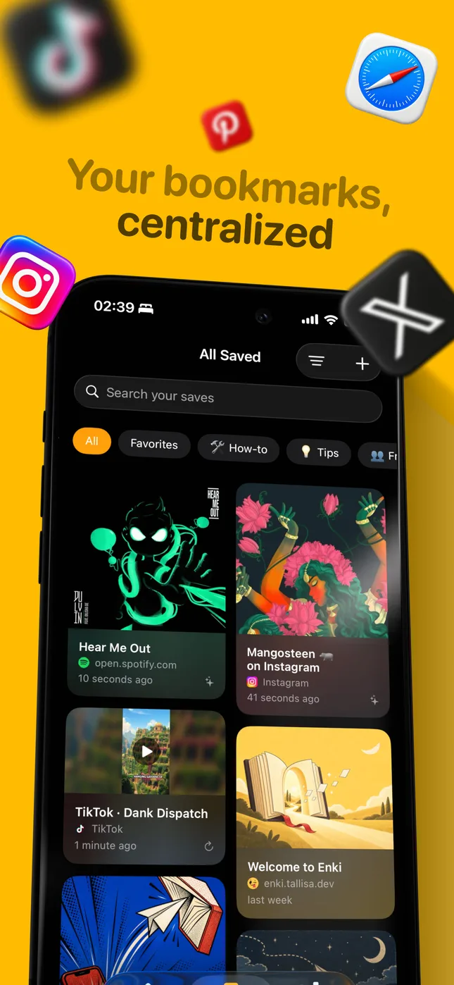The Enki library with saves from Spotify, Instagram, and TikTok